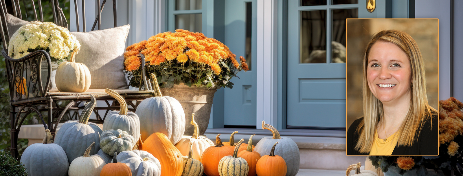 pumpkins gathered in front of house. Picture of Nancy Rice