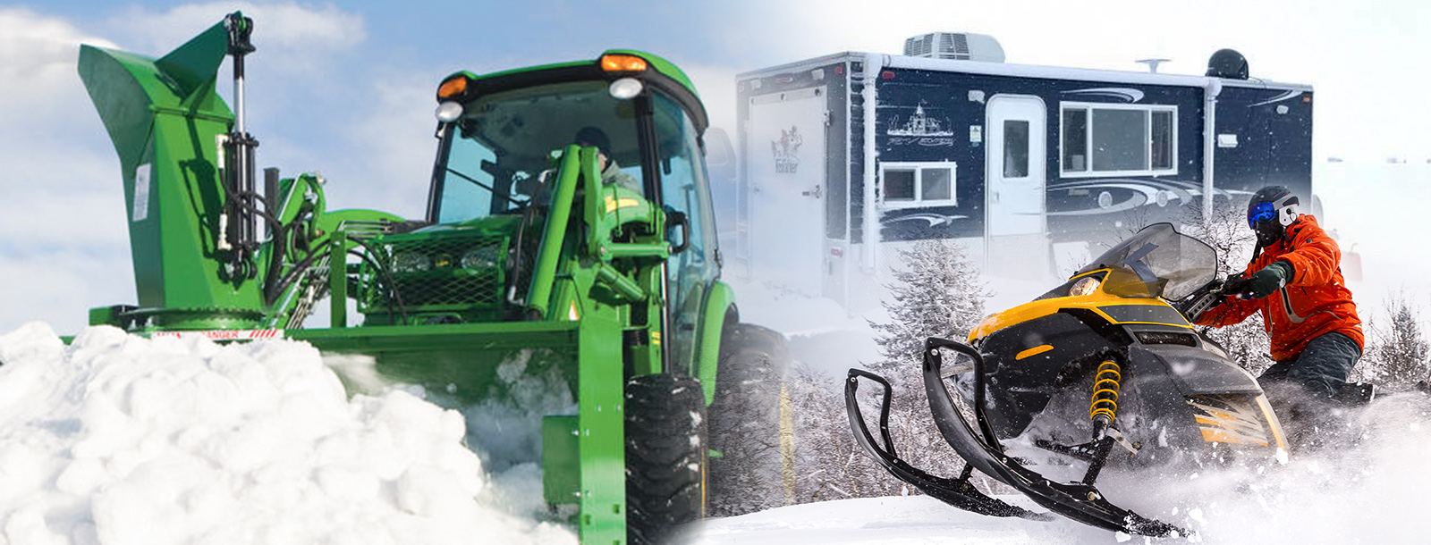 Collage of snow blower, ice fishing house, and snowmobile.